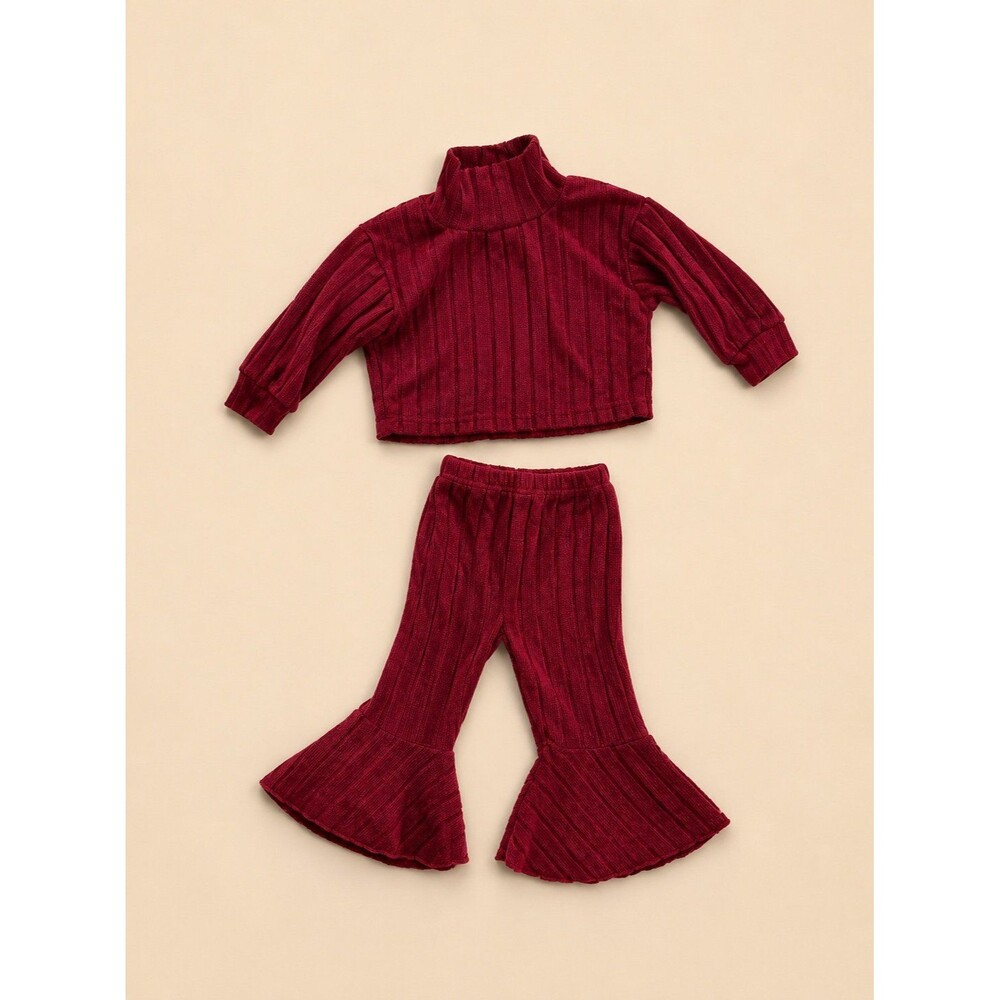 Boutique Ribbed Bell Bottom Set 3-6M Soft Burgundy Boho Outfit